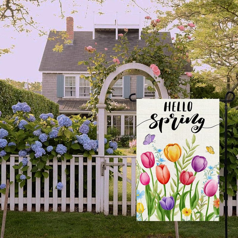 Agroon Hello Spring Garden Flag 12x18 Inch, Double Sided Colorful Tulips Flag, Seasonal Flower Yard Outdoor Decoration - Image 3